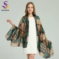 bysifa brand blue green silk scarf shawl female accessories spring autumn floral pattern 100 silk women long scarves wraps