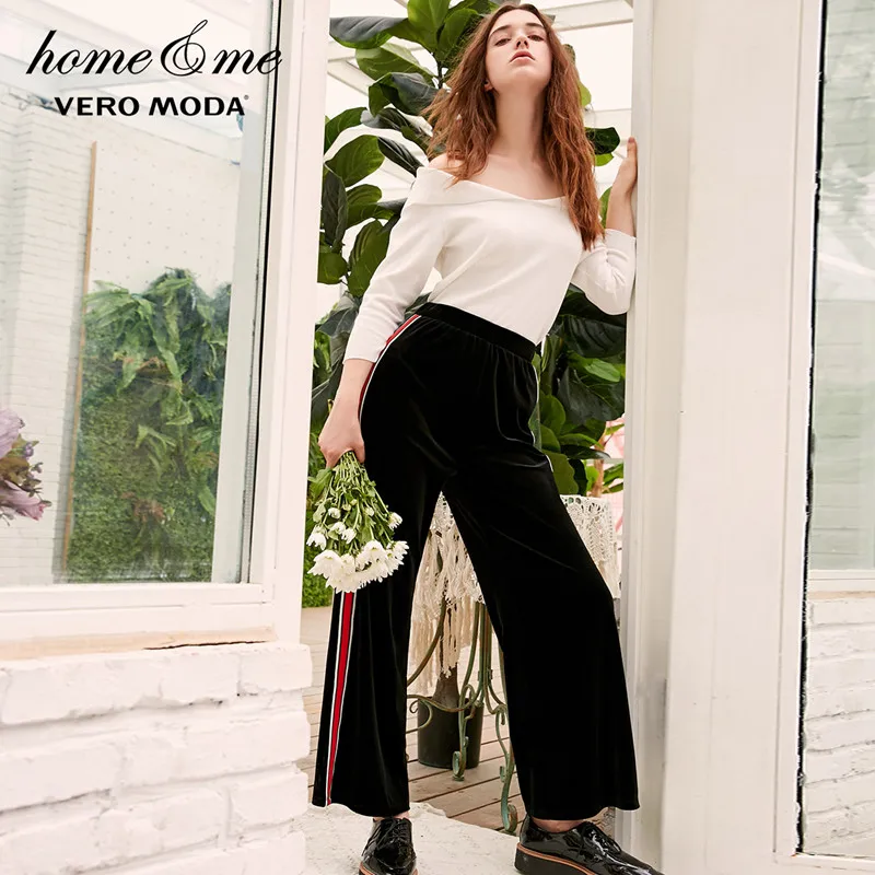 Black Vero Moda новые спортивные штаны женские женские полосатые бархатные широкие повседневные брюки | 3184R2501 - Цвет: Black