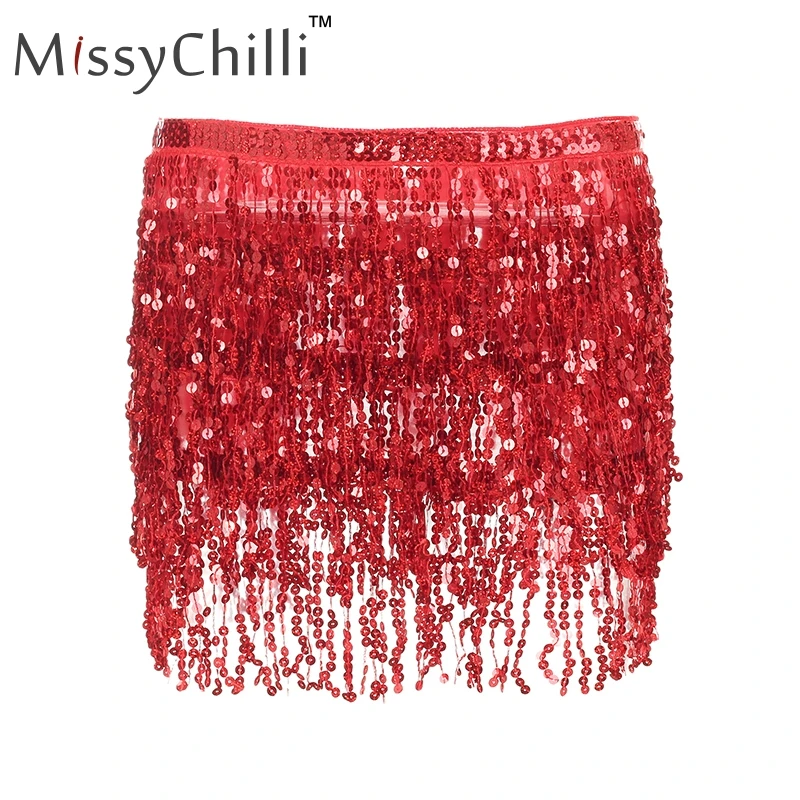 MissyChilli, сексуальная бандажная летняя юбка с пайетками, блестящая пляжная мини-юбка с кисточками, Женская Клубная короткая юбка с высокой талией, Новинка