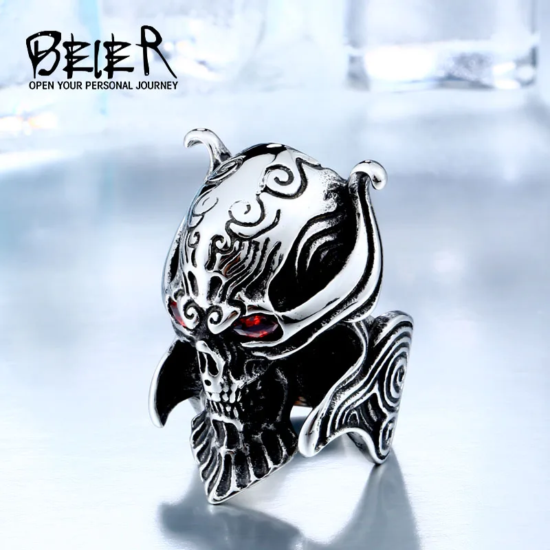 Cool Big Punk Stainless Steel Men's Unique War Skull Head Ring For Man With Stone High Quality BR8-336
