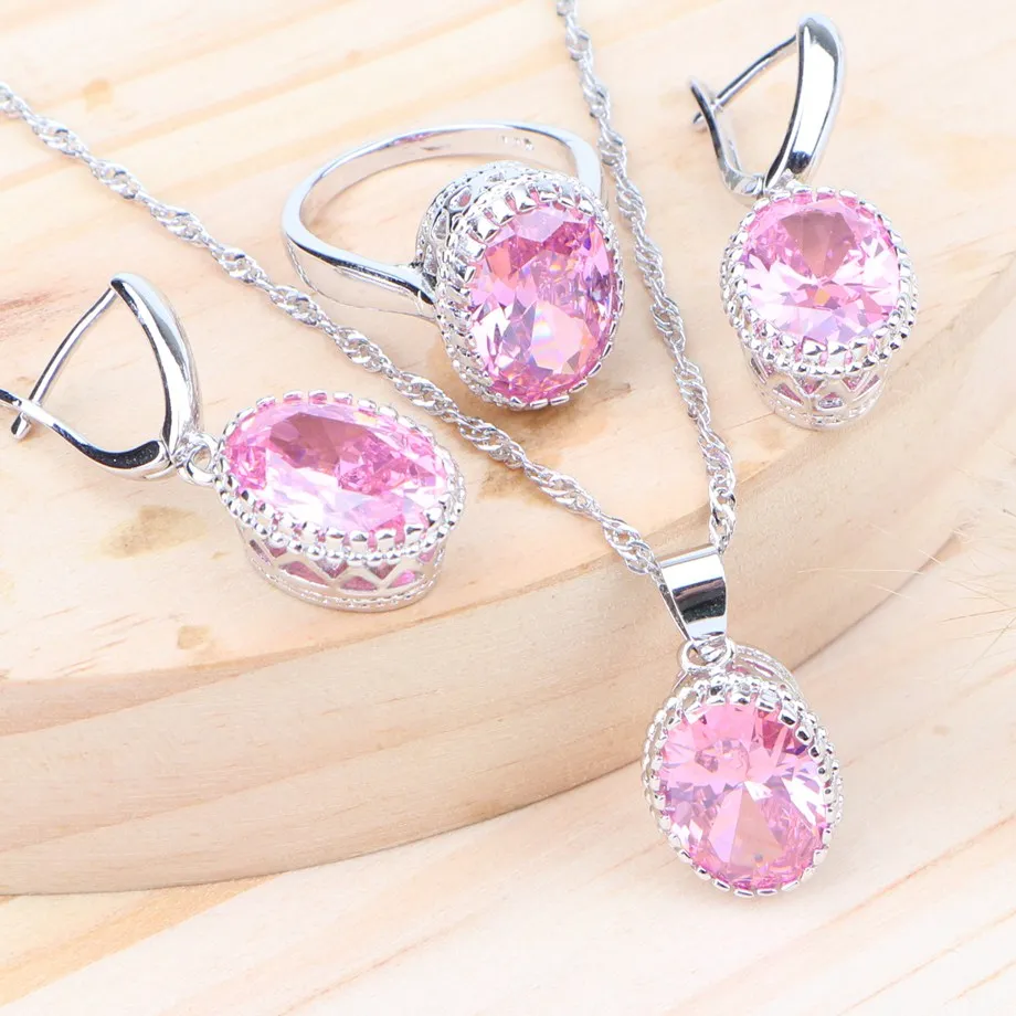Pink Свадебные женские серебряные Ювелирные наборы 925, циркониевое детское ювелирное изделие кольцо для костюма серьги ожерелье кулон набор ювелирных изделий - Окраска металла: Pink