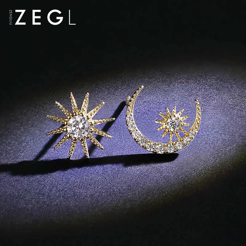 Женские 925 пробы Серьги ZEGL асимметричные серьги в форме звезды Луны