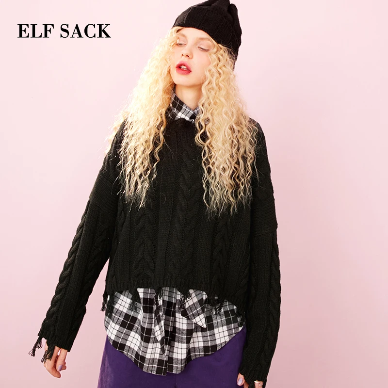 ELFSACK Осень-зима новый теплый свитер одноцветные пуловеры с бахромой о-образный