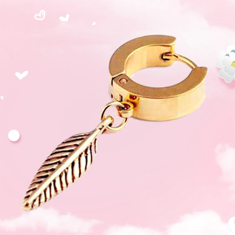 1 Pair Of Feather Pendant Titanium Steel Male Earrings Punk Earrings Fashion Personality Women's Men's Ornament Decoration