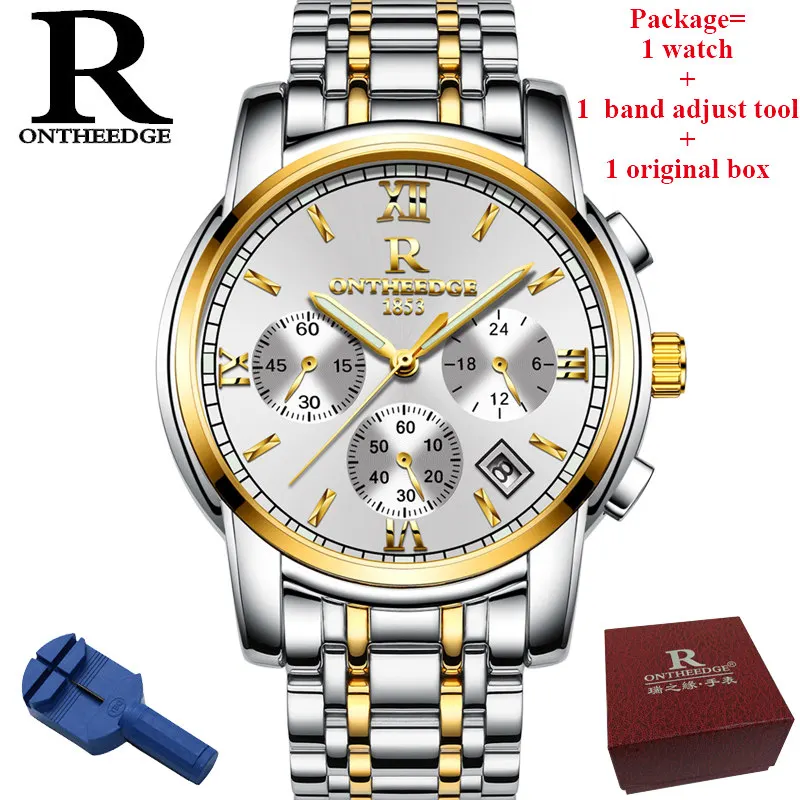 silver gold RONTHEEDGE кварцевые часы из нержавеющей стали с автоматическим хронографом и датой Роскошные деловые наручные часы Мужские часы с подарочной коробкой RZY026 - Цвет: silver gold