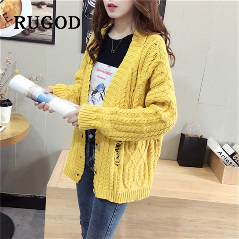 RUGOD Korean ins solid women knitted cardigan Elegant single-breasted loose style steetwear overcoat and sweaters female 2019 |