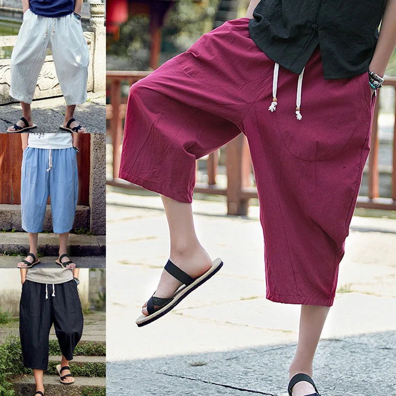 

Summer Men Shorts Solid Color Loose Harem Pants Casual Beach Shorts MC889