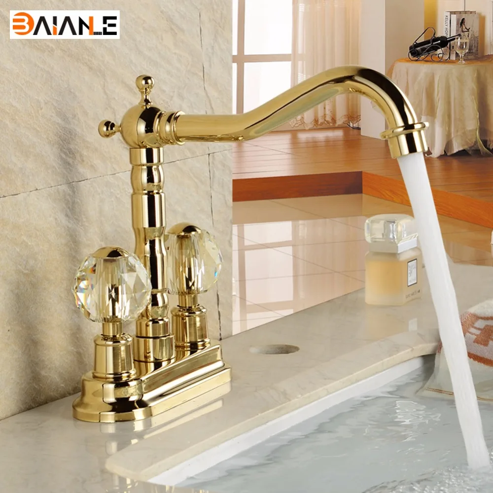 

Basin Faucet Golden/Antique Brass Deck Mounted Dual Ceramics Cross Handles Bathroom Vessel Sink Faucet Swivel Mixer Taps