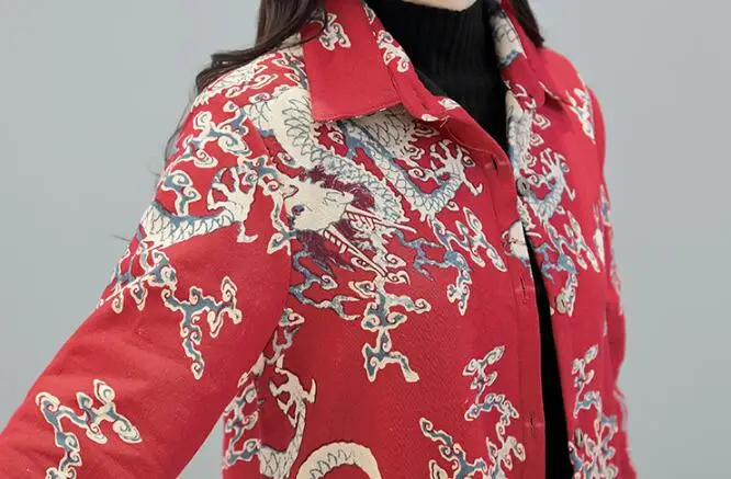 

Winter new national wind cotton and hemp large size women's wear thickened with cashmere in the long coat cotton clothing