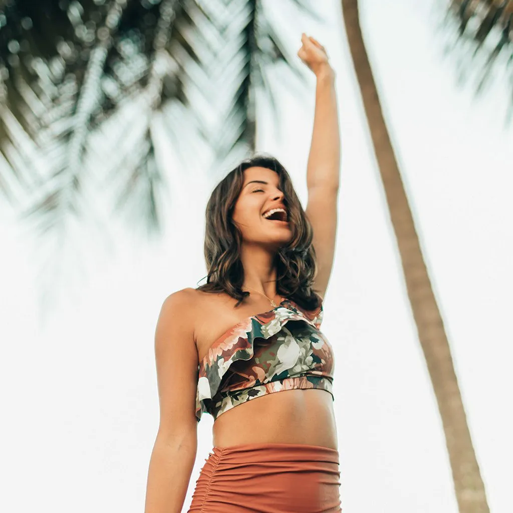 Ladies'one-shoulder бикини купальный костюм с измельченными листья лотоса Высокая талия волнующий раздельный купальник пляжный купальник A30325