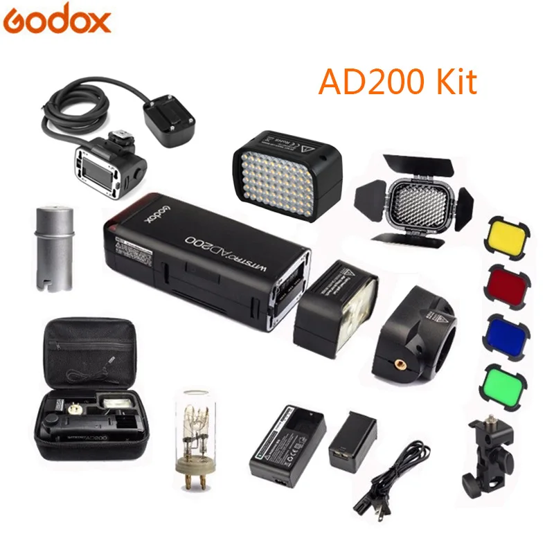 AD200 KIT Godox AD200 комплект 200Ws 2,4G ttl карманная вспышка стробоскоп 1/8000 HSS Беспроводная монолайт 2900mAh литиевая батарея и голая лампа/Speedlite - Цвет: AD200 KIT