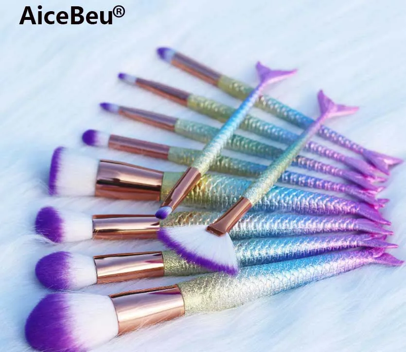 AiceBeu 10/11 шт Кисточки для макияжа Русалка комплект рыбий хвост основа для макияжа лица Косметическая Пудра Тени для век макияж, подводка для глаз контурная щетка - Handle Color: 10Pcs C