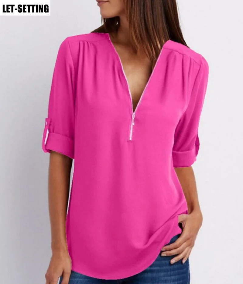 Рубашка женская летняя с треугольным вырезом на молнии большого размера длинным