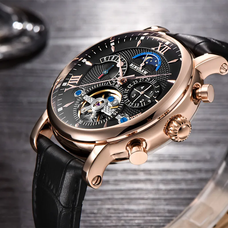 BINSSAW Мужские автоматические механические часы Tourbillon модные деловые из