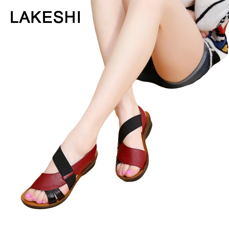 

LAKESHI Summer Women Sandals Leather Slip-On Women Shoes Fashion Soft Bottom Mother Sandals Wedge Sandals Peep Toe Female Shoes