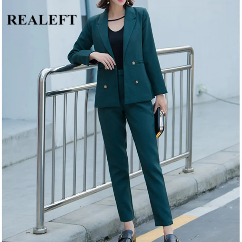 REALEFT 2019 Новое поступление повседневные однотонные женские брюки Костюмы Блейзер