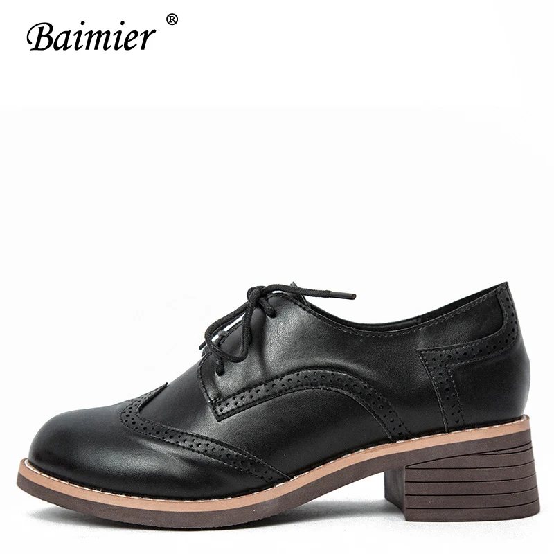 Baimier/Винтажные женские туфли-оксфорды с круглым носком; женские повседневные Мягкие броги на плоской подошве; женская кожаная обувь в британском стиле - Цвет: Black Oxfords