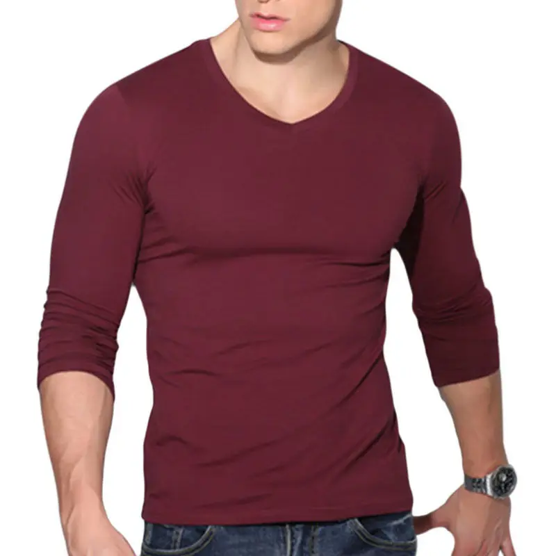 Мужская облегающая футболка повседневная с круглым вырезом и длинными рукавами - Фото №1