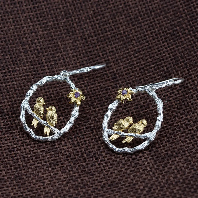 

FNJ Double Bird Earrings 925 Silver Original S925 Sterling Silver Drop Earring for Women Jewelry Purple Cubic Zircon Flower