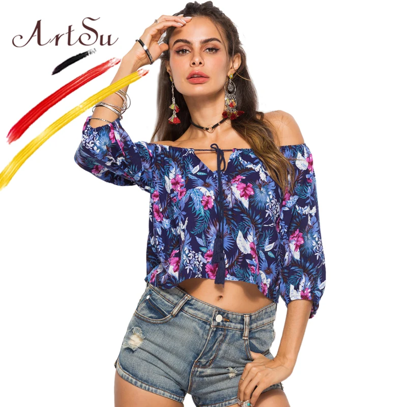 ArtSu Women Three Quarter Spring Summer Blouse 2019 Boho Sexy Off Shoulder Crop Top Casual Beach Floral Print Shirt Blusas Mujer |