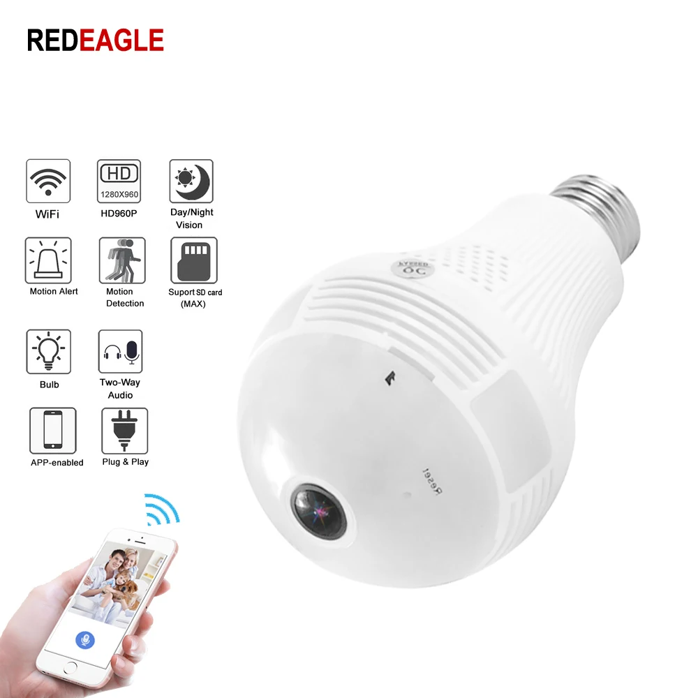 REDEAGLE 960P 1.3MP Bulb Light Wireless IP Camera Wi-fi FishEye 360 degrees CCTV 3D VR Home Security WiFi | Безопасность и защита