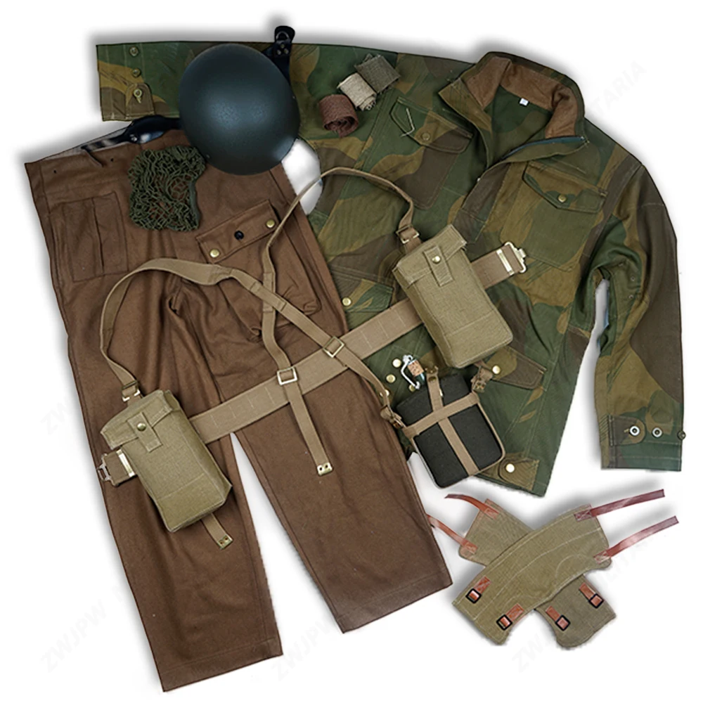 

WW2 BRITISH ARMY EQUIPMENT P37 DERNISON JACKET AND PANTS WITH KETTLE AND UK MK2 HELMET