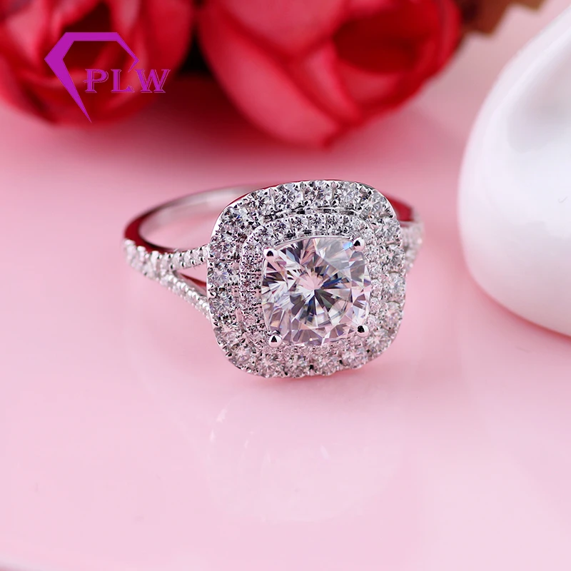 Классический стиль два halo 18k Белый цвет золото 3ct D Цвет ледяная Подушка moissanite