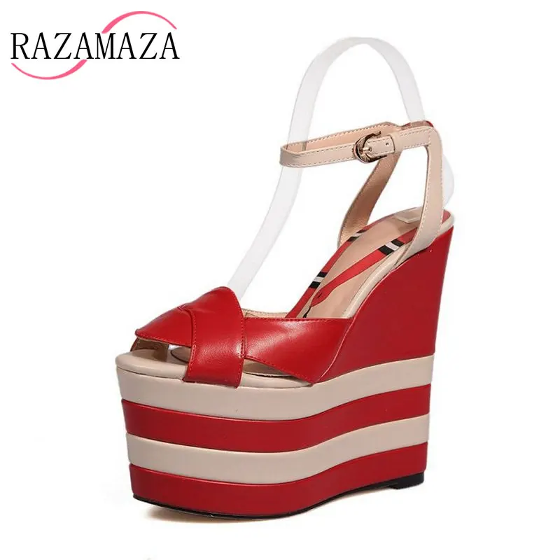RAZAMAZA 5 Colors Size 34-42 Simple Women Real Genuine Leather High Wedges Sandals Ankle Strap Peep Toe Platform Summer Shoes | Обувь