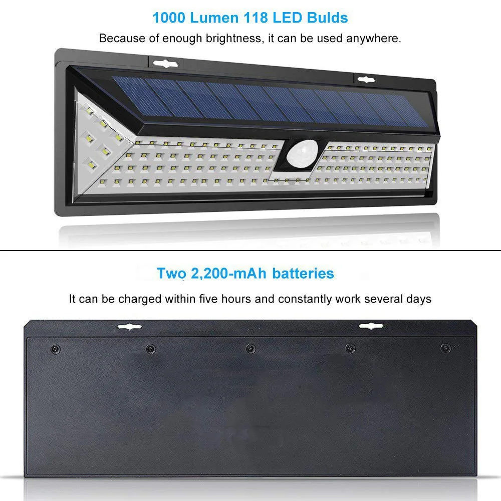 118 LED 1000LM водонепроницаемый PIR датчик движения Солнечный садовый свет наружная