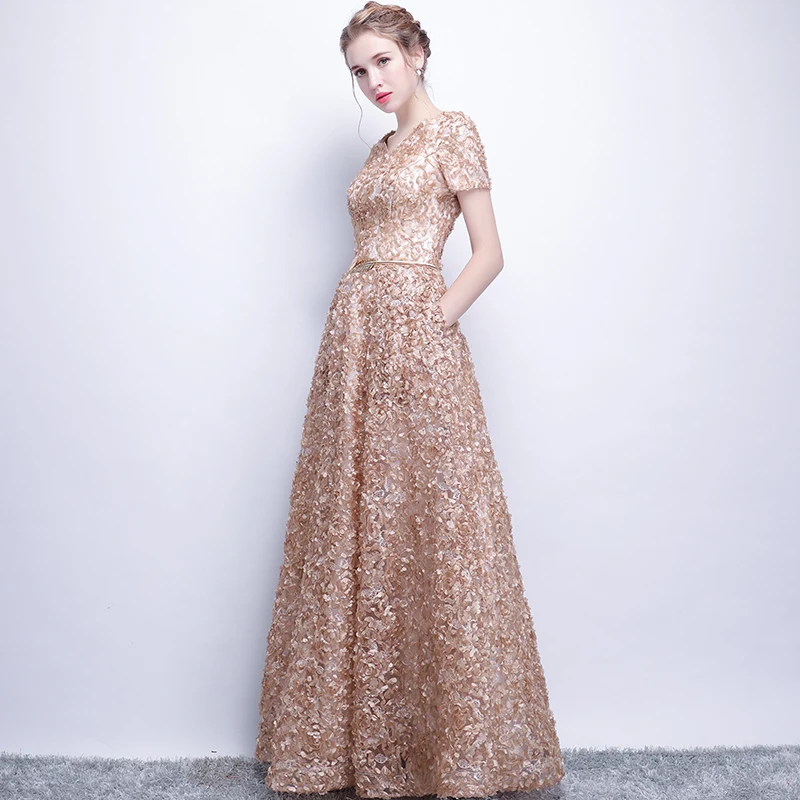 Женское вечернее платье SSYFashion элегантное кружевное цвета хаки в пол для