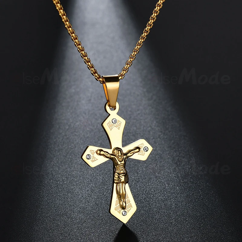 ELSEMODE католическое золотое ожерелье с крестом Иисуса и кулоном из нержавеющей