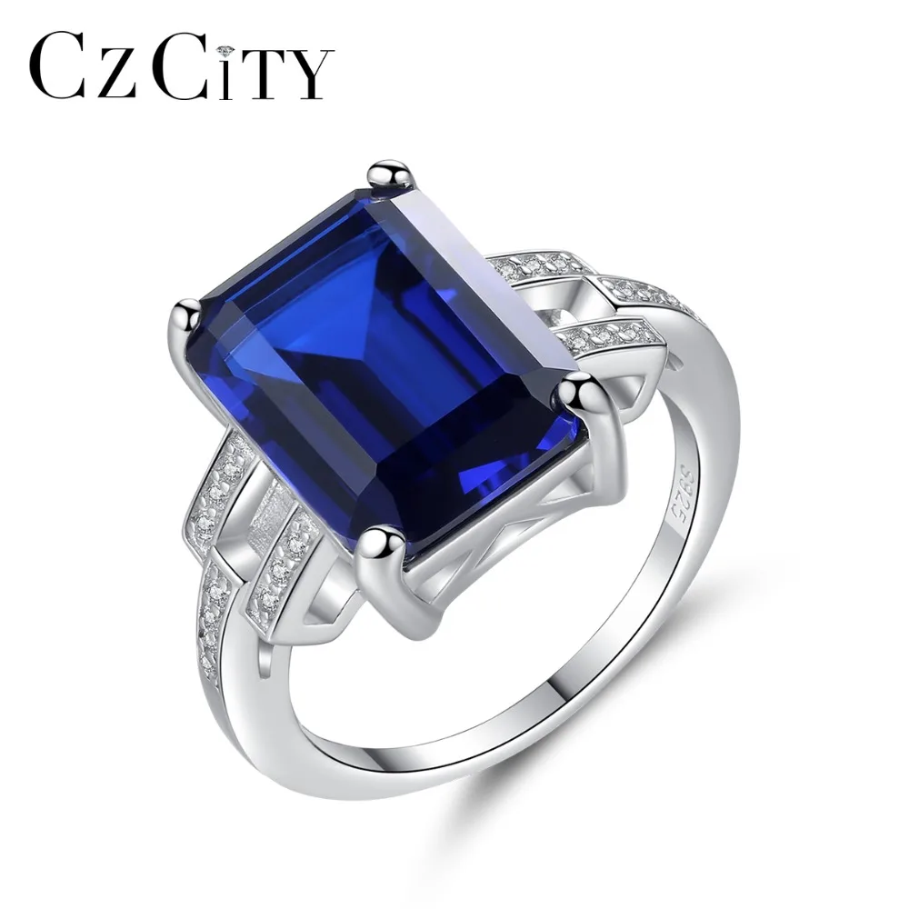 

CZCITY Exquisite 100% Silver 925 Sterling Finger Rings For Women Emerald Cut Big Size Engagement Ring Geometric Design Jewellery