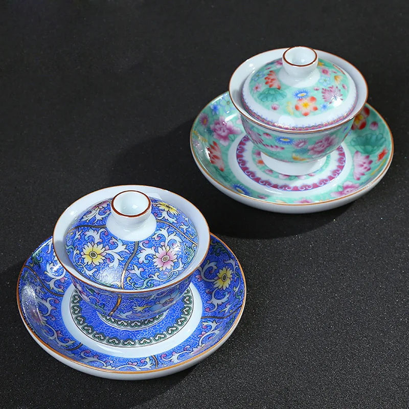 Яркий эмалированный цветной Gaiwan китайский стеклянный комплект блюдце с крышкой