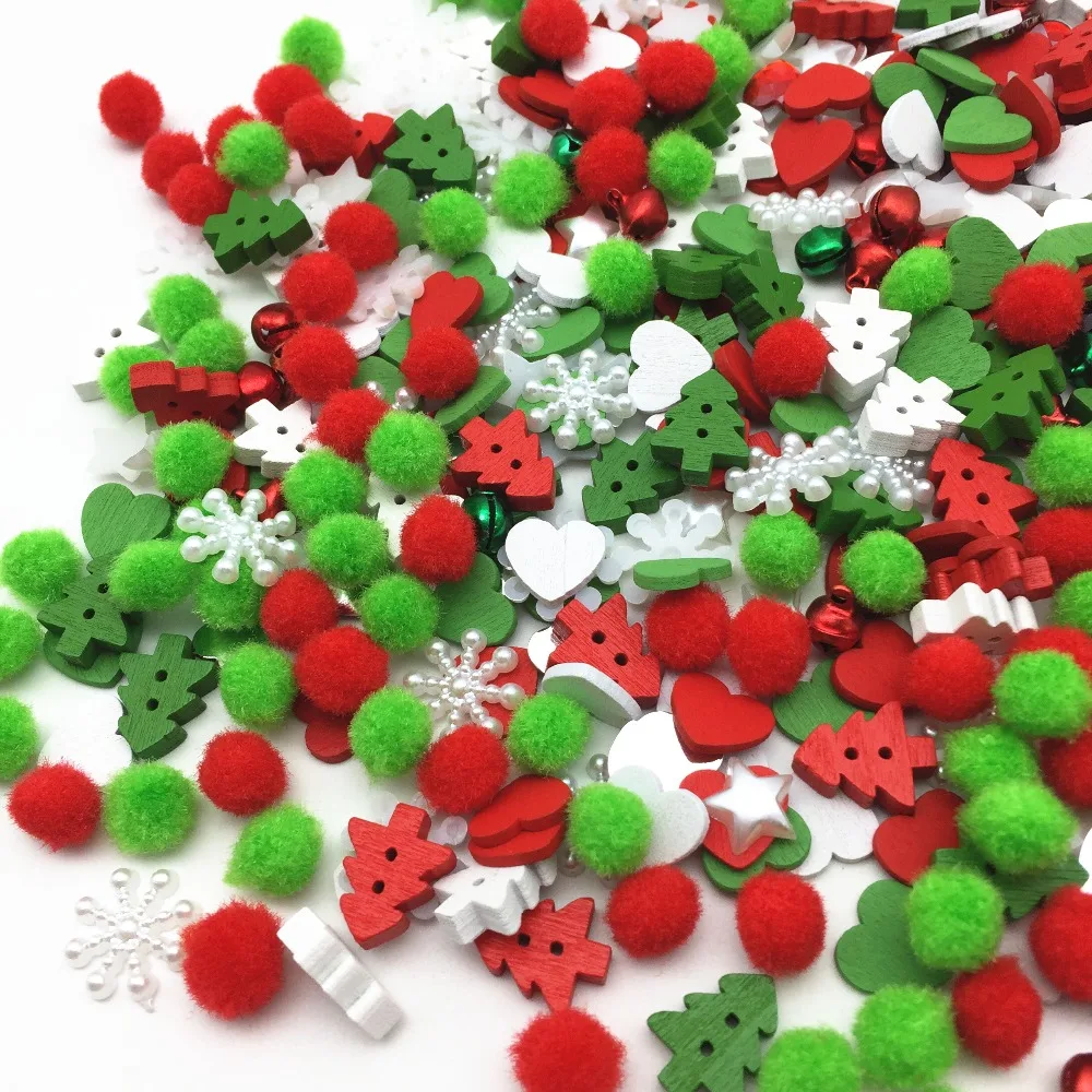 300pcs Christmas Bag of Pom Poms Wood Xmas Tree Buttons Jingle Bells Snowflake Star Pearls Scrapbook Embellishment DIY Crafts | Дом и сад