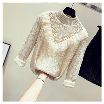 apricot no fleece MUMUZI, женская зимняя теплая кружевная блузка, длинный рукав, кружево, вязание крючком, открытая блузка, блузка с оборками, весенние блузки на флисе с длинным рукавом - Цвет: apricot no fleece
