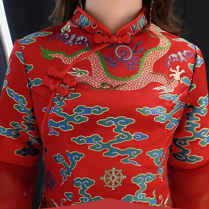 Традиционное китайское свадебное платье весна 2019 элегантное Ципао с принтом