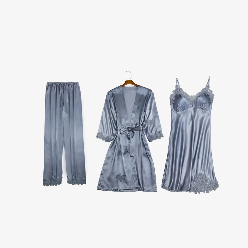 Gray 3 pcs Кигуруми Единорог 5 шт сексуальные кружевные пижамы набор женский искусственный шелк полосатый халат набор леди v-образным вырезом домашняя одежда пижамы с нагрудными накладками - Цвет: Gray 3 pcs