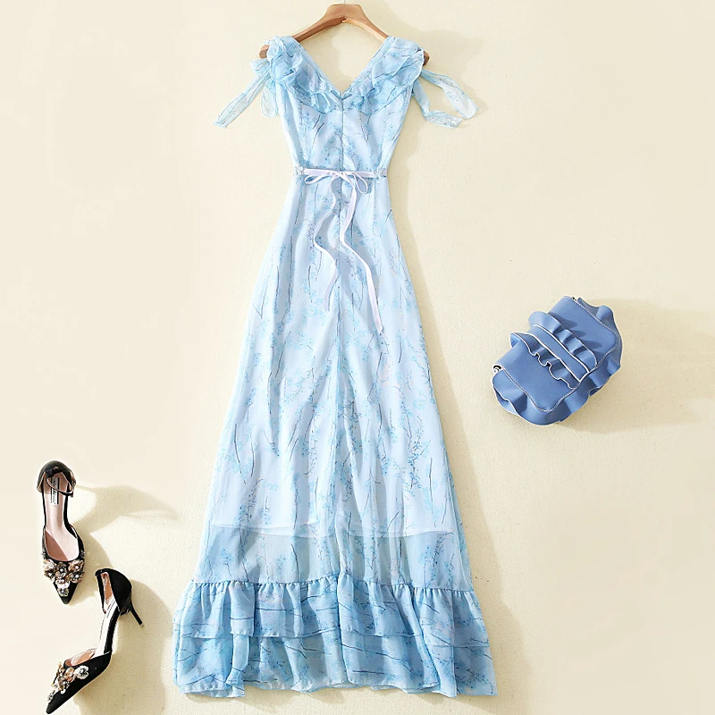 Женское летнее длинное платье с поясом V-образным вырезом и цветочным принтом |
