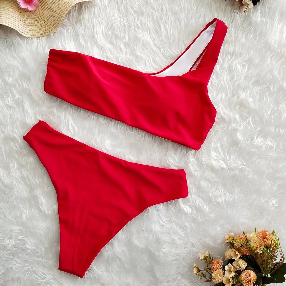 Лето Купальник Для женщин пикантные однотонный бикини цвета — красный синий