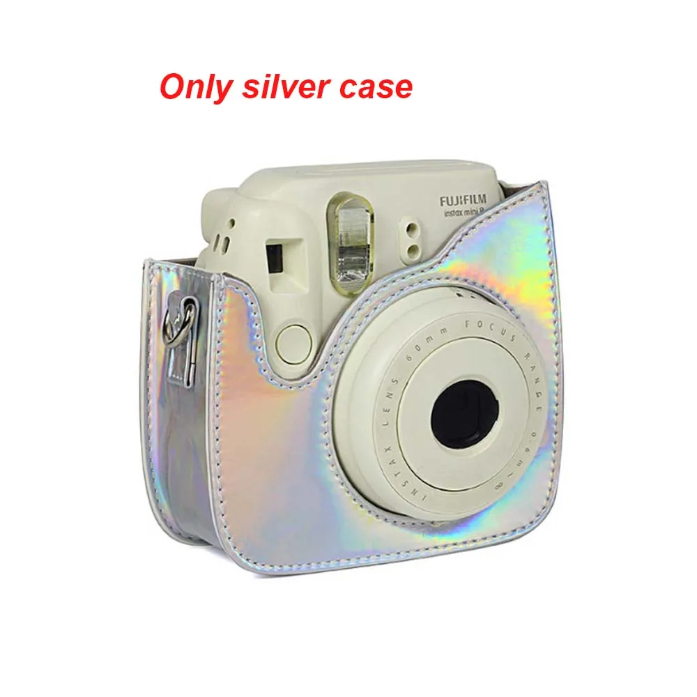 JINSERTA из искусственной кожи чехол сумка для Fujifilm Instax Mini 9 Mini 8 камера голографическая сияющая Лазерная мгновенная камера плечевой ремень - Цвет: silver-case