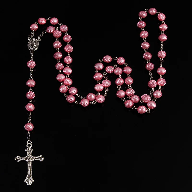 Религиозное ожерелье из розового креста Фатима с кристаллами. четки