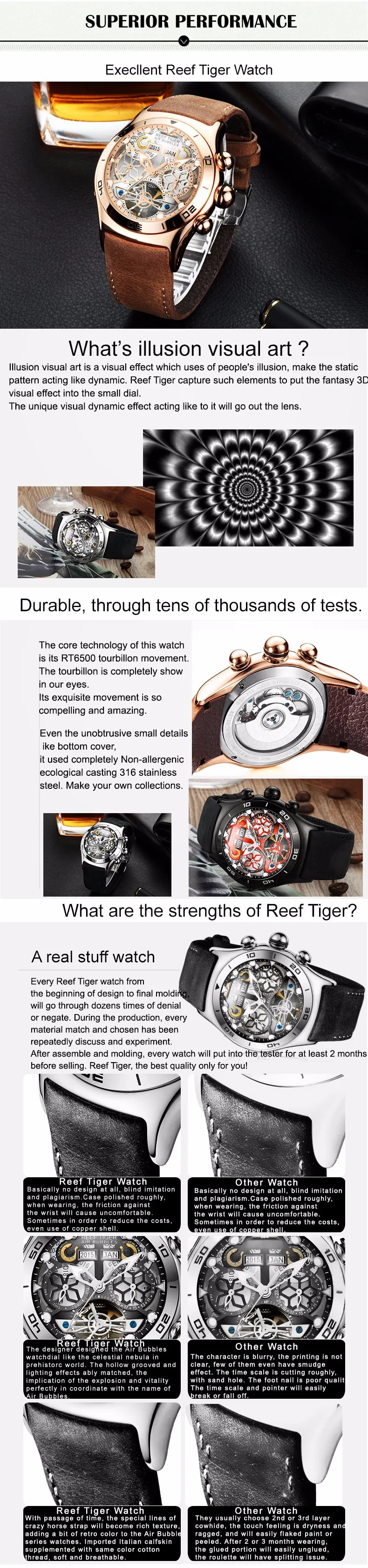 Reef Tiger/RT Модные мужские спортивные часы с автоматическим скелетом, стальные водонепроницаемые часы с турбийоном, кожаные часы, мужские часы RGA703