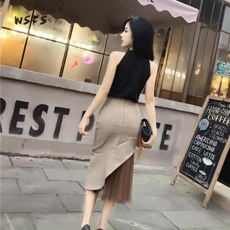 

2 Pieces Sets Black Knitted Tanks Blouses Tops Pullover Sleeveless Mesh Khaki Plaid Midi Skirts Bandage Office Lady Suit Dress
