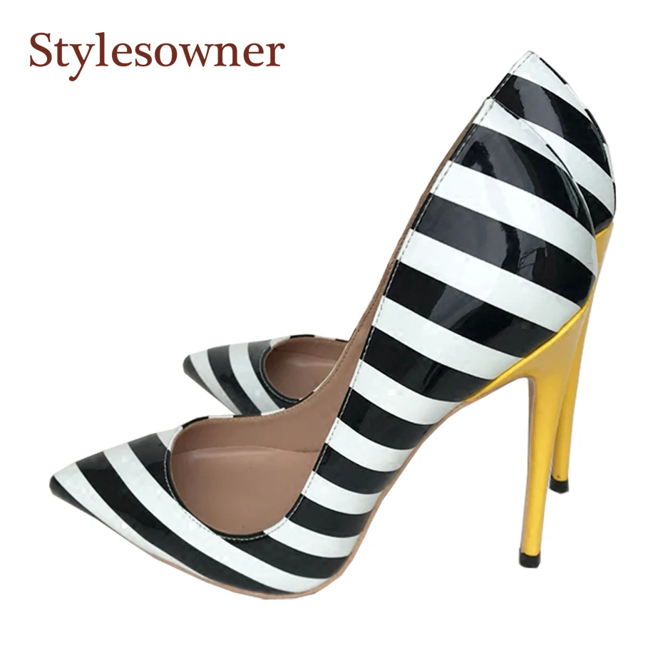 Stylesowner/Новинка года; женские элегантные свадебные туфли в черно-белую полоску; высокое качество; большие размеры 33-44