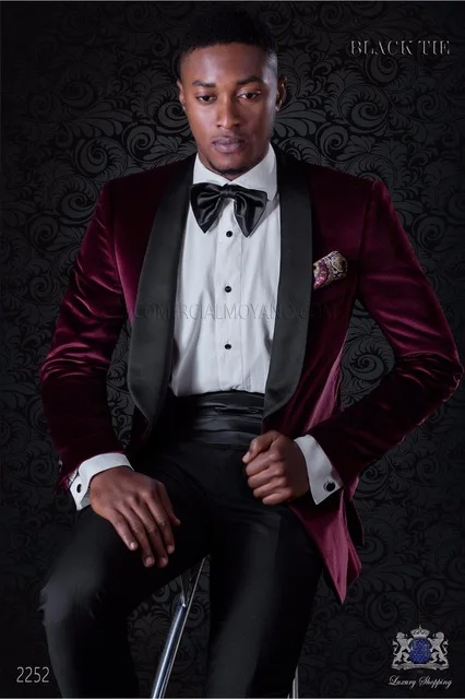 

Fashionable One Button Wine Velvet Groom Tuxedos Shawl Lapel Groomsmen Men Blazers Suits (Jacket+Pants+Tie) NO:392