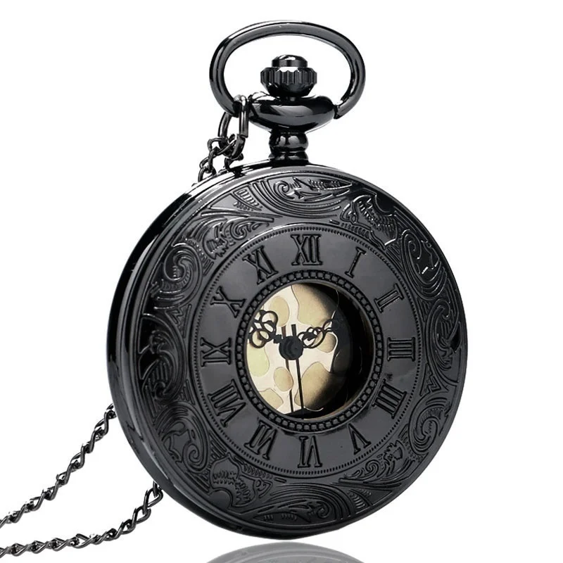 Classical Vintage Black Roman Number Pocket Watch Stainless Steel Case Design Gold Dial Quartz Necklace Watches Gifts New | Наручные часы