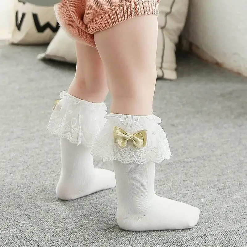 Детские кружевные носки трубы с бантом Хлопковые гольфы для новорожденных