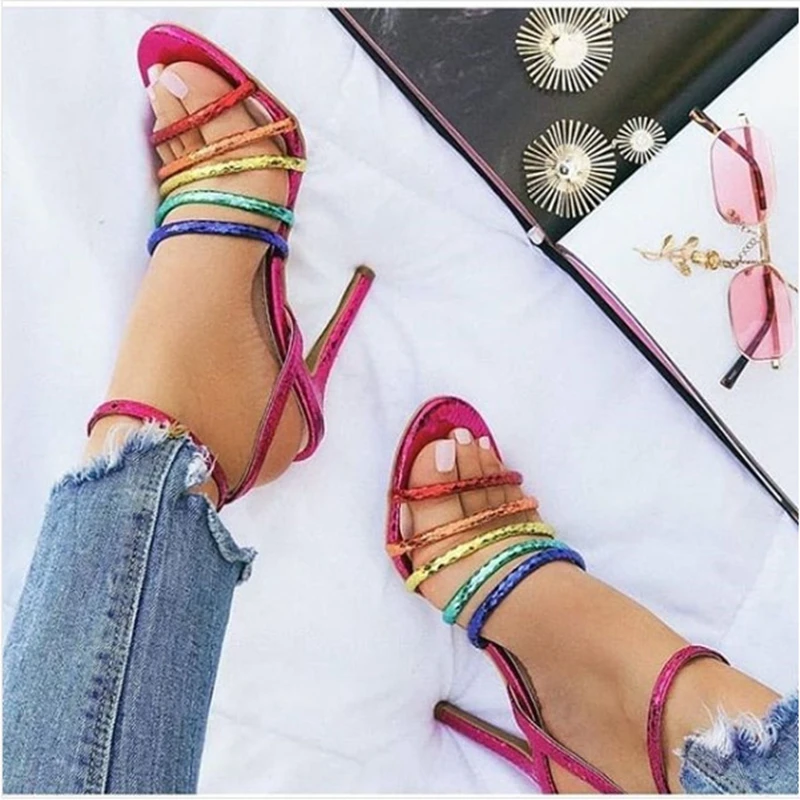 Модные босоножки на высоком каблуке женские вечерние туфли с открытым носком и