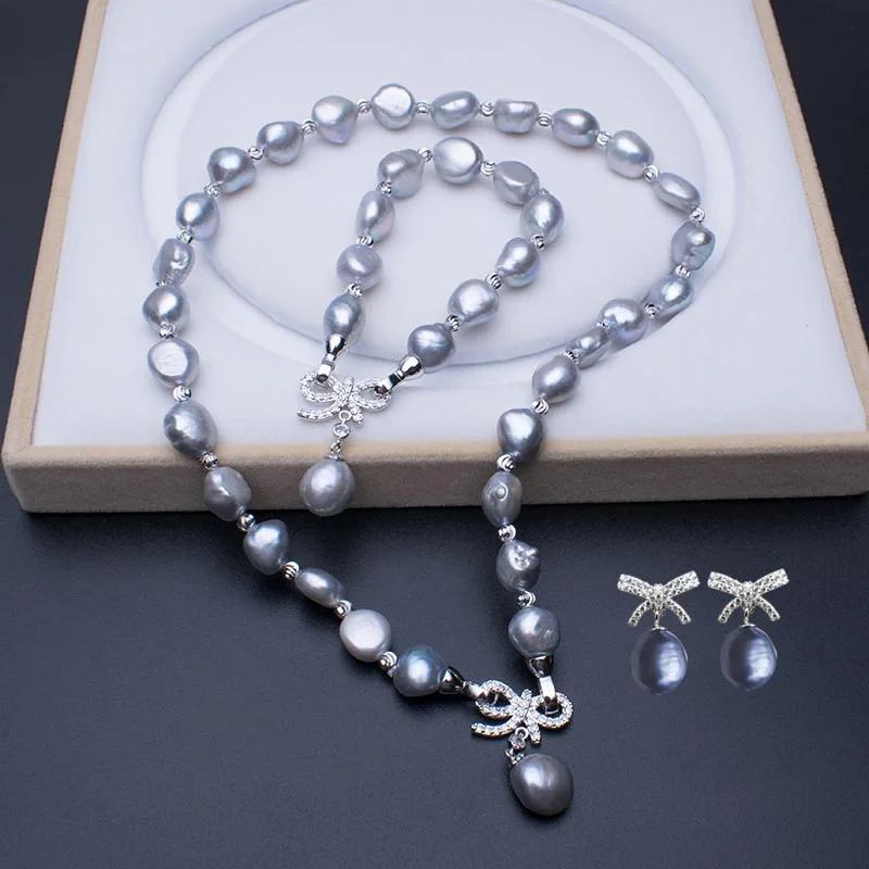 Gray Pearl set MeiBaPJ 925 серебро 11-12 мм серые барочные жемчужные украшения набор ожерелье браслет и серьги набор из трех частей для женщин - Окраска металла: Gray Pearl set
