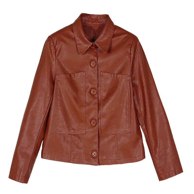 DHfinery Plus Size M-4XL Women Leather Jacket 2022 Spring Autumn  Leather Coat Slim Short Black Green Caramel Outerwear bs5722